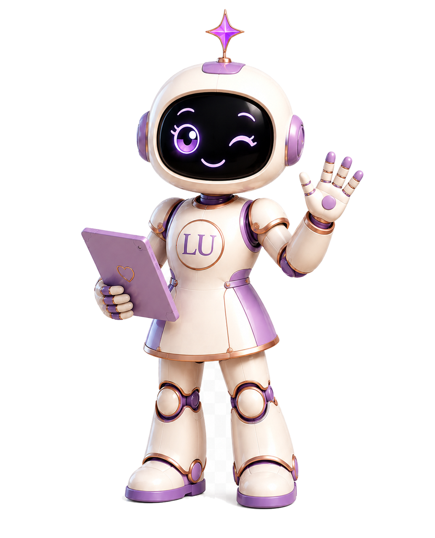 Luvi, assistente virtual da Lu IA Studio, segurando um tablet